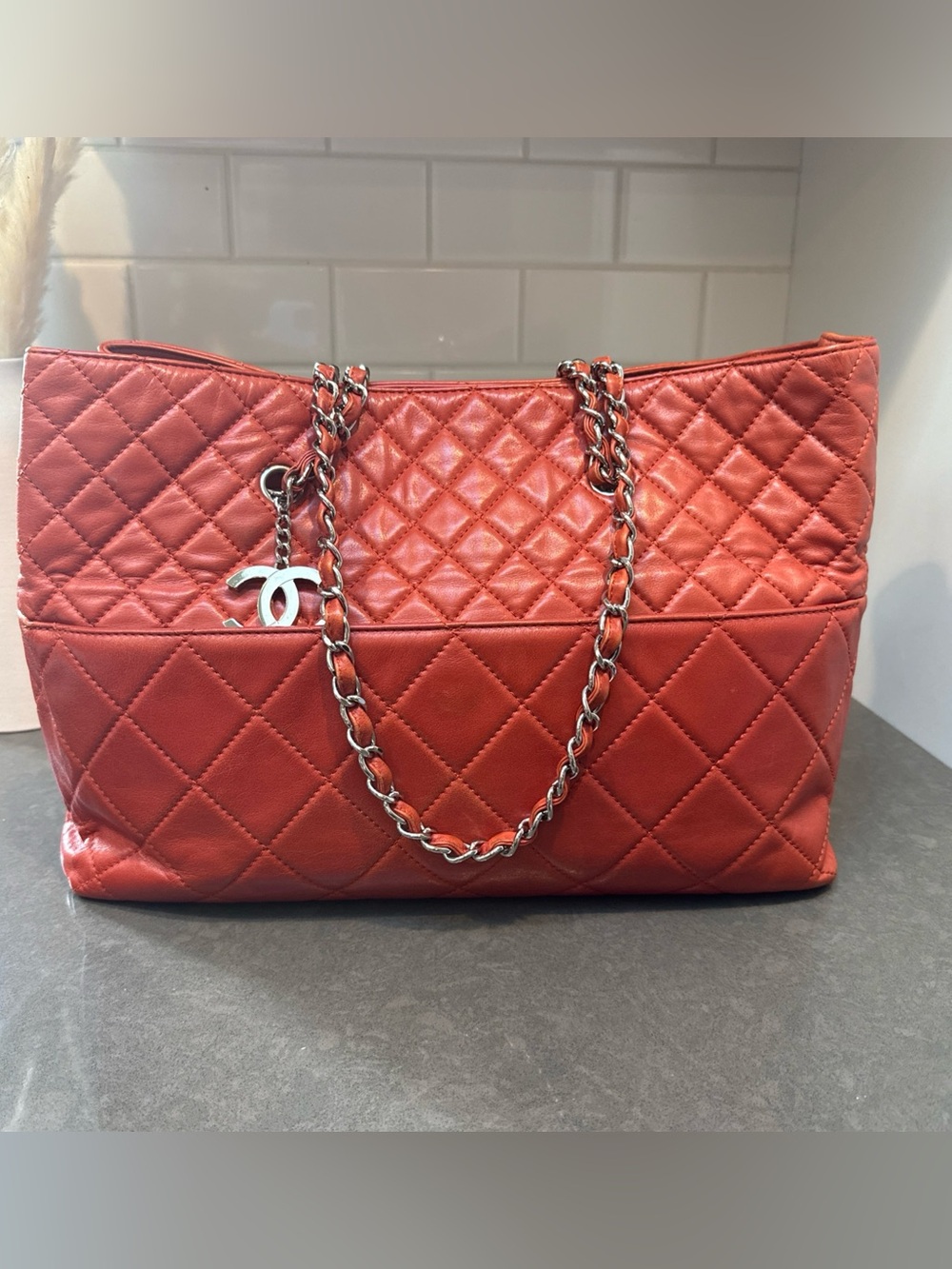 Chanel Large Shopping Tote Blood Orange Calfskin Silver Hardware